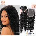 Fast shipping top quality 7A virgin peruvian hair deep weave hair bundles with lace closure